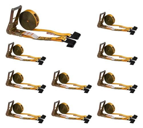 Mytee Products 10 Pack Kinedyne Ratchet Straps with Flat Hooks, 2" x 30' Ratchet Straps Yellow | 10,000 Lbs Breaking Strength | Tie-Down Ratchet Straps for Flatbed, Truck, Trailers Pickup