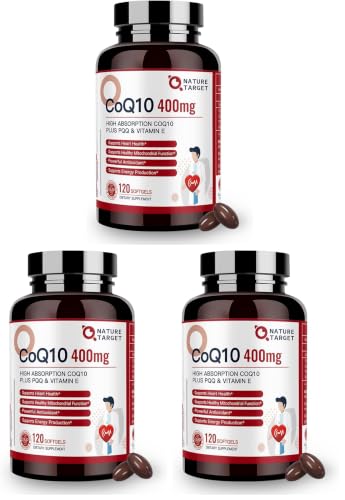 Image of NATURE TARGET CoQ10-400mg Plus PQQ with Vitamin E & Organic Olive Oil - Coenzyme-Q10 with BioPerine - High Absorption Antioxidant-for-Heart-Health and Energy Production,120 Servings (Pack of 3)