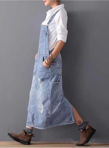 Image of Yoeasy Women's Distressed Denim Overall Dress - Adjustable Strap Pinafore A-Line Mid Long Jean Bib