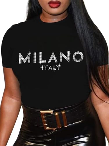 Hilinker Womens Rhinestone Tops Cute Graphic Tees Summer Loose Short Sleeve T Shirts Black Milano XX-Large