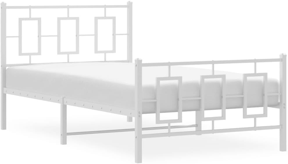 White Powder-Coated Steel Single Bed Frame Sturdy Platform Foundation with Slatted Durable Frame Easy Assembly No Box Spring Needed Modern Minimalist Bedroom Furniture Storage Solution