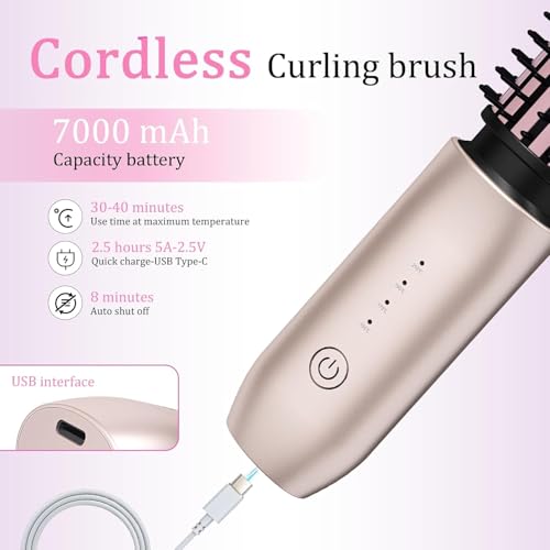 Cordless Hair Curling Iron Brush, Travel Curl Brush, 3-in-1 Portable Curling Iron Cordless, Plasma Thermal Hair Brush, 7000mAh USB Rechargeable Curlings Wand, Mini Hot Curlings Brush-Blush Pink — view 6