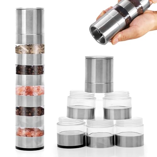 5 en 1 - Juego de botes de especias para camping con tapa, mini dispensador de especias ABS con molinillo de especias, de acero inoxidable, para picnic, barbacoa, hogar, cocina, carne