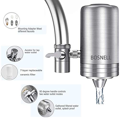 Stainless Steel Faucet Water Filter - Filtration System, Large Water Flow, Water Purifier, Reduce Chlorine, Lead Reduction, Double Outlet, Fits Standard Faucets (2 Filter Cartridges Included)