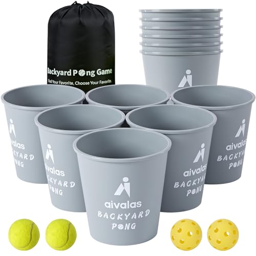 Aivalas Juego de juegos de patio y pong al aire libre, juego de pong gigante con cubos y bolas duraderos, juego de lanzamiento para playa, camping, césped y patio trasero, color gris