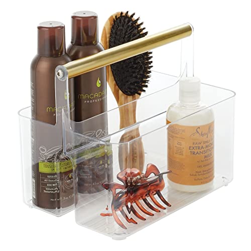Mdesign Plastic Shower Caddy Storage Organizer Utility Tote, Divided Basket Bin - Metal Handle For Bathroom, Dorm, Kitchen, Holds Soap, Shampoo, Conditioner - Aura Collection - Clear/Soft Brass #TOP5