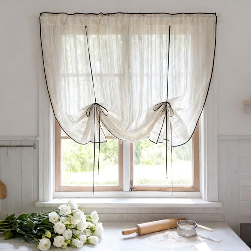 NewWPKIRA Beige Striped Tie-up Linen Curtain with Black Trim Elegant Roman Shade Length Adjustable Sheer Curtain Valance for Kitchen Bedroom Rod Pocket Top 1 Panel (Beige,W39 x L39 inches)