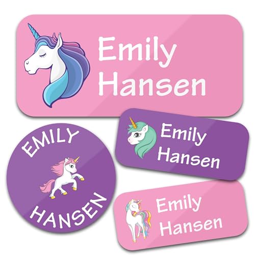 Bunny Badges Personalized Daycare Name Labels for Kids (130 Labels) - Custom Waterproof Name Stickers for Clothing Tags, Water Bottles, Lunch Boxes and School Supplies (Unicorns)