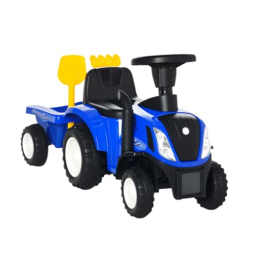 HOMCOM Porteur Tracteur Enfants avec Coffre Amovible, râteau et Pelle, Voiture Enfants avec lumière LED, klaxon et Volant, Charge 25 kg, pour 1-3 Ans, Bleu