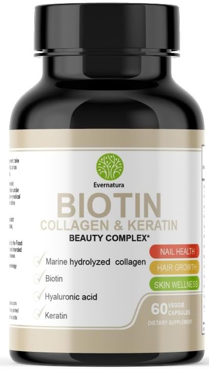 Evernatura Complejo de biotina con colágeno, queratina y ácido hialurónico, 120 cápsulas vegetales, 25,000 complejos de belleza para la salud del