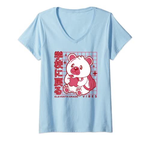 Mujer 11º grado Vibes Back to School Teddy Bear JaponeseEstética Camiseta Cuello V