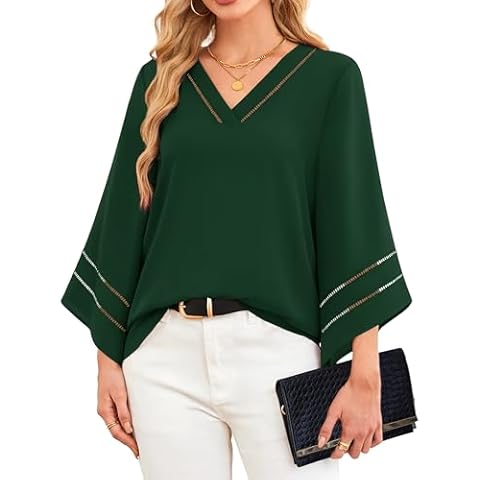 Lotusmile Dressy Blouses for Women, Elegant Tops for Women Green Blouses for Women Cute Tops for Women Trendy Womens Fall Tops Dressy Casual Teacher Outfits for Women Trendy Boutique Bell Sleeve Top Cover