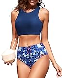 ZAFUL Bikini for Women Scoop Neck Crop Top Sporty High Waisted Lace Up Bathing Suit Over 50 Modest Tankini Dark Blue M