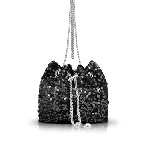 AfitLulu Lentejuelas Bolso Mujer Brillante Bolso de Noche Bolsos de Cadena, Elegante Bolsos Fiesta Mujer Crossbody Bag con Cadena Desmontable para Citas Fiestas Banquete (Negro)