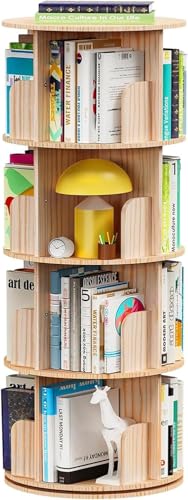 Image of Rotating Bookshelf Tower – 4 Tier Wooden Book Shelf, Small Narrow Spinning Bookcase for Kids Rooms, Corner Bookshelf Organizer for Kids Books and Home Storage