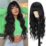 MERISIHAIR Black Wig With Bangs,Long Wavy Wig for Women, 26 Inches Synthetic Heat Resistant Natural Looking Realistic Wigs for Daily Party Use