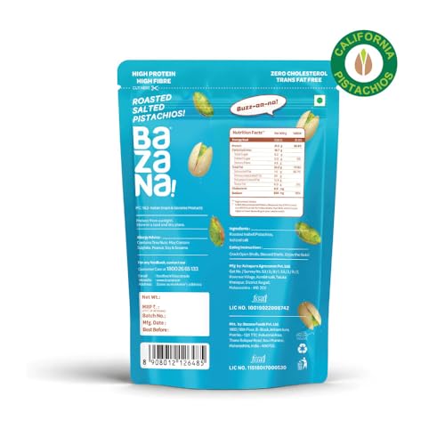 Image of Bazana Premium Roasted & Salted Californian Pistachios, 180g | Perfectly Roasted Savory Nuts | Pista with Shell | Crunchy, Protein-Rich Healthy Snacks