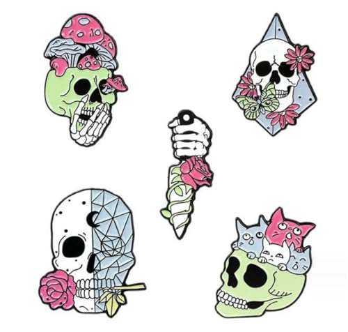 5pcs Rose Skull Spilla Rose Decor Rose Spilla Decorazione di Halloween Cranio Testa Spilla Cranio e Rose Spilla da bavero Abiti Distintivi Vestiti Decorazione Pin Accessori, Metallo