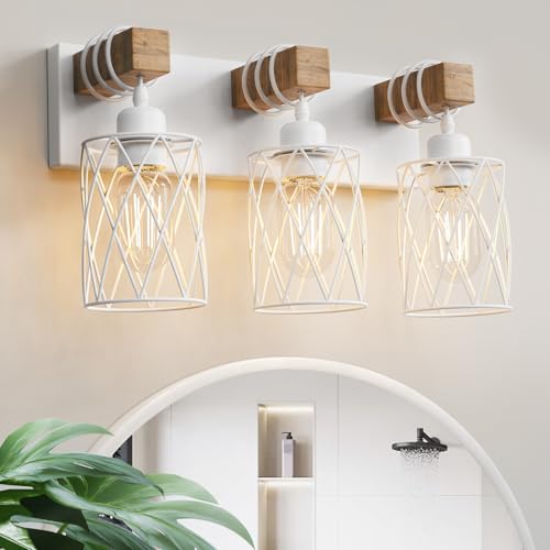 Image of IZORRO Farmhouse Bathroom Vanity Light, 3-Light Wood Bathroom Light Fixtures Over Mirror, Matte White Industrial Vanity Lights with Metal Shade, Rustic Restroom Lighting Fixtures