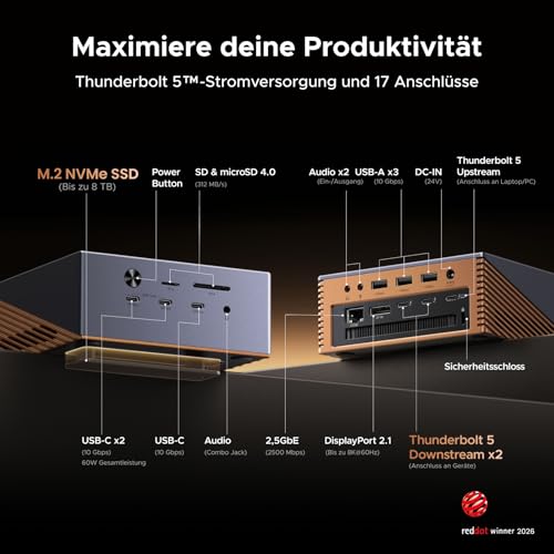 UGREEN Maxidok Thunderbolt 5 Docking Station, Revodok 17-in-1 TBT5 Dock, 120Gbps Datentransfer, 8TB M.2 NVMe SSD, Single 8K/Dual 6K@60Hz, 140W Aufladen, 2.5GbE, Kühlsystem für TBT5/4-Laptops
