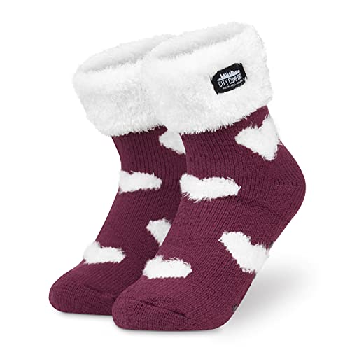 CityComfort Chaussettes Femme Antidérapantes - Chausson Chaussette Femme Fantaisie (Bordeaux/Blanc)