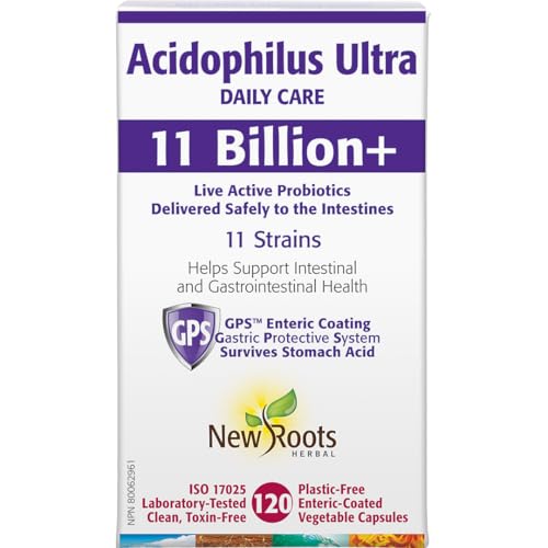 New Roots Herbal Acidophilus Ultra Daily Care, 120 Enteric-Coated Veggie Caps, 4-Month Supply with 11 Billion Live CFU of Lactobacillus Acidophilus & Bifidobacterium Probiotics for Digestive Support