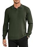 Hardaddy Men's Ribbed Knit Sweater Casual Long Sleeve Polo Sweater Collared V Neck Polo Shirts Solid Pullover Tops Green XL