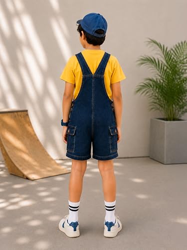 Image of KiddoPanti Unisex Denim Cargo Dungaree Shorts | 69.1% Cotton 29% Spun Poly 1.9% Spandex | Above Knee Length | Soft Breathable Summer Dungaree