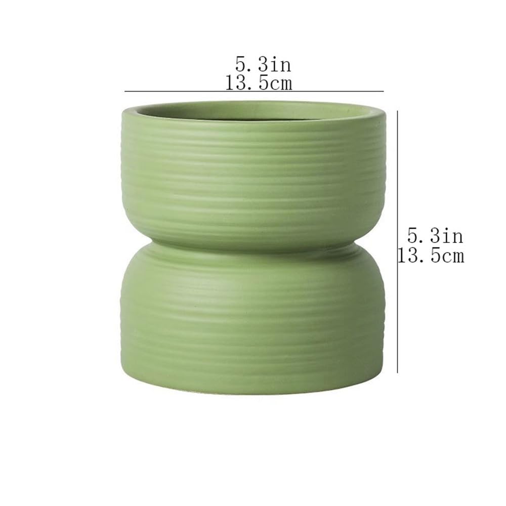 Doniczka na rośliny, zielona ceramiczna doniczka na kwiaty, okrągła donica z poziomymi paskami, ze spodkami, tacą i otworami drenażowymi, pojemnik na rośliny, na balkon, do salonu, kuchni