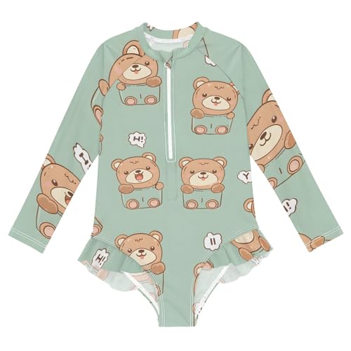 Girls One Piece Swimsuits Long Sleeve Swimsuit Zipper Bathing Suits Cute Teddy Bear Cup Green