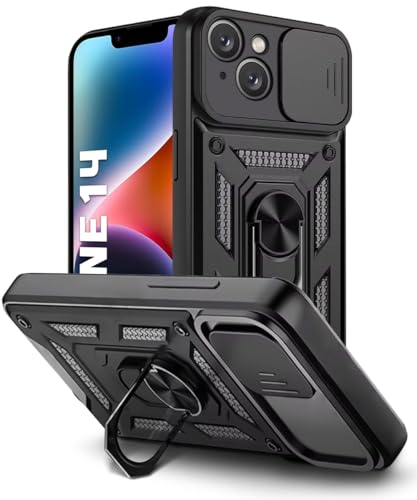Image of WOW IMAGINE Tough Armor Bumper Mobile Back Case for iPhone 14 | Sliding Camera Shield Cover | Shock Proof 360 Protection | Hybrid PC + TPU | Ring Holder with Kickstand - Black