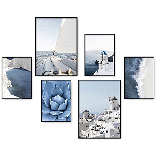 AllBlue Premium Blue Sea Posters Set of 6 Wall Art for Bedroom Seascape Prints Santorini Village Wall Pictures for Living Room(4xA4 & 2xA3 Without Frame)