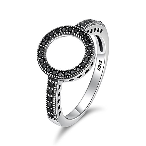 Bague ronde en argent sterling 925 et zircon noir pour femme