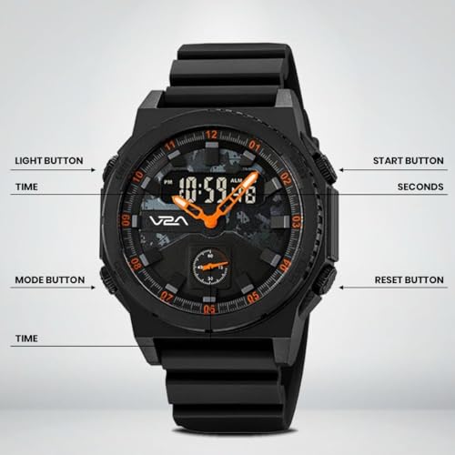 Image of V2A Stryke TERRAX 2855 Analog-Digital Watch for Men | Tactical Black Performance Dial with Digital Display | Rugged Everyday Sports & Outdoor Style Watch | 50M Waterproof