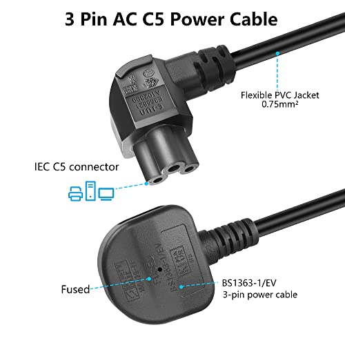 GELRHONR 90°C5 Cloverleaf Mickey Mouse Power Cable, 3Pin BS 1363 to C5 AC Power Cord,Cloverleaf Lead for Laptop PC Monitors,Computer, Printer, Scanners-1.5M/4.9Ft (Left Angle C5) - Image 4
