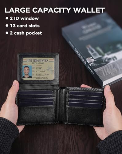 Image of Swallowmall Wallet for Men RFID Blocking Genuine Leather Mens Wallets Bifold with 2 ID Window 13 Card Slots black stripe-417