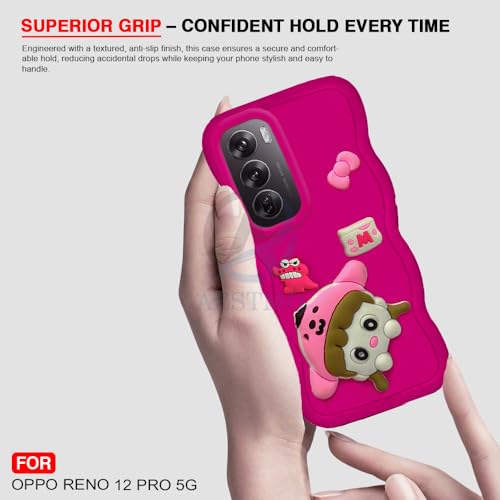 Image of AESTMO Back Case Cover for Oppo Reno 12 Pro 5G | 3D Cute Fun Cartoon Characters | Anti Slip Grip Cute Wave Curly Frame Shape | Full Body Protection Back Cover for Oppo Reno 12 Pro 5G (Pink)