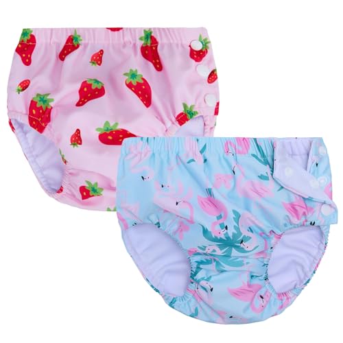 2 Pack Baby Newborn Reusable Swim Diapers Infant Unisex Washable Swim Diaper Toddler Swimming Diapers Pink Strawberry& Flamingo 0-3 Months