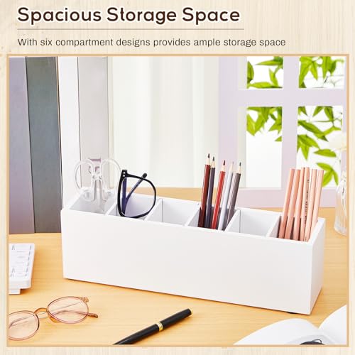 Image of Jetec Wooden Pencil Pen Holder for Desk 6 Compartments Cosmetic Makeup Brush Stationery Office Desktop Organizers for Countertop Adjustable Silverware Caddy for Party, Art Supplies,Home(White)