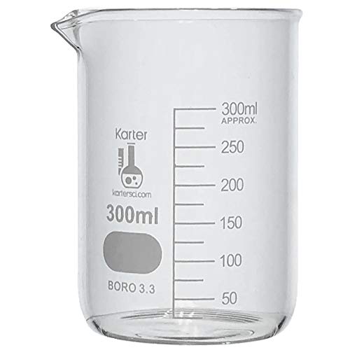 300ml Beaker, Low Form Griffin, Borosilicate 3.3 Glass, Spout & Printed Graduations, Karter Scientific 247J5 (Pack 16)