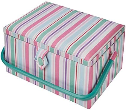 Sewing Online Medium Sewing Box,Multicolour Stripe Fabric | 26 x 18 x 15cm | Storage and Organiser Basket with Compartments for Sewing Supplies,Accessories,Thread,Needles,and Scissors - GA1122M