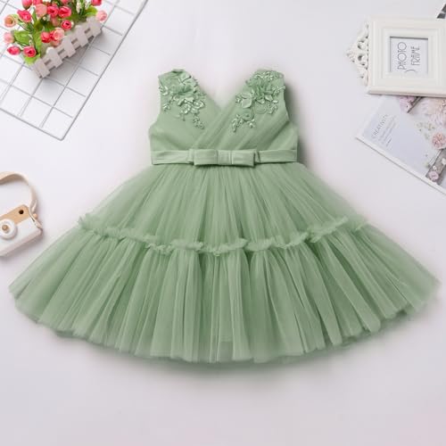 Odasdo Toddler Birthday Dress, Flower Girl Dresses For Wedding Bridesmaid Kids V-Neck Sleeveless Tulle Tutu Princess Special Occasion Formal Pageant Party Ball Prom Gown Summer Sage Green 12-18M thumb #4
