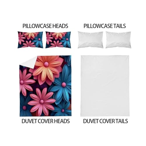 Housse de couette imprimé 3D relief plantes vertes et fleurs roses avec zip