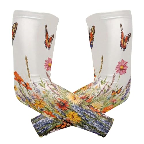 Kigai Butterfly Wildflowers UV Sun Protection Arm Sleeves for Men Women Cooling Compression Sports Arm Sleeves Tattoo Cover Up