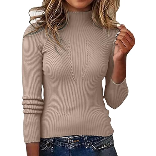 Generisch Jersey de cuello alto para mujer de punto acanalado, camiseta de manga larga que realza la figura con cuello alto | elegante camiseta básica para otoño e invierno, Style_J08 Khaki, M