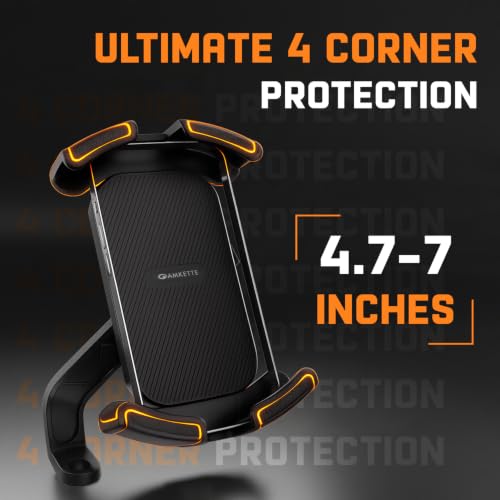 Image of Amkette iGrip Secure X2 Mobile Holder for Bike & Scooty with Mirror Mount, One Press Lock & Unlock, Anti Slip Silicone Grip, 4 Corner Clamping, Compatible with 4.7 inch-7 inch Smartphones, Black