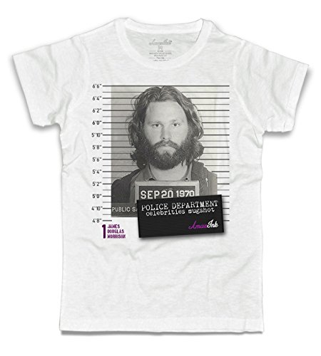 Image of 3styler Jim Morrison The Doors Man White T-Shirt - Mugshot Signage Photos - Police Arrest Police Arrest - Amazink Line - Flamed Cotton (Slub) 150gsm, White, S