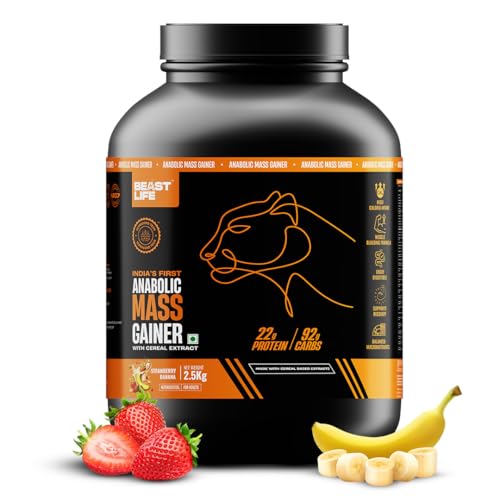 Image of BeastLife High Protein Mass /Weight Gainer | 2.5 KG | Strawberry Banana | NABL LAB Tested | For Muscle Gain & Fast Growth | Cereal-Based Formula, No Maltodextrin | India's #1 Cereal Based Bulk Gainer