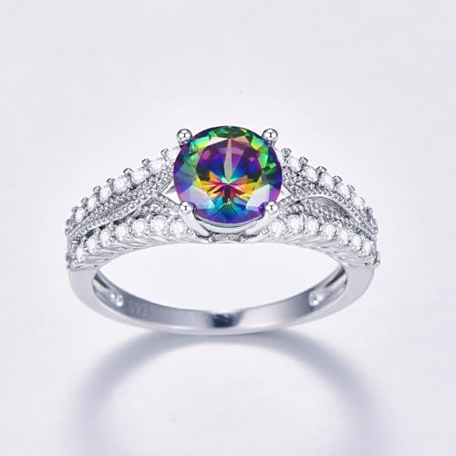 925 Sterling Silver 1.25 CT Round Solitaire Simulated Mystic Rainbow Topaz Cubic Zirconia Engagement Ring Split Shank Wedding Band Promise Ring for Her4