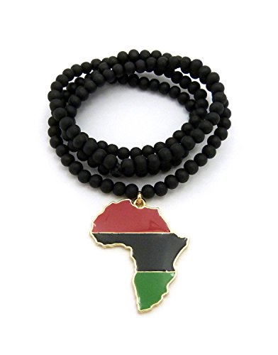 Fashion 21 Pan African Colored Africa Map Pendant 6mm 30" Wooden Bead Necklace in Gold Tone (6mm 30" Wooden Bead)